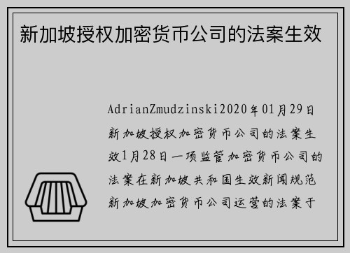 新加坡授权加密货币公司的法案生效 